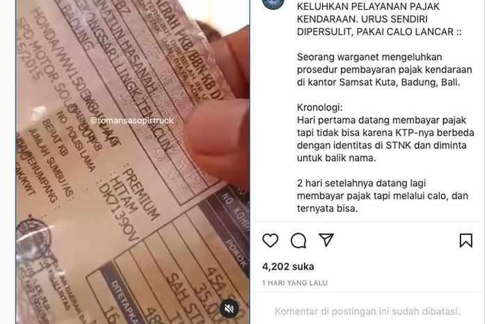 Tangkapan layar video viral warga mengaku dipersulit saat membayar pajak kendaraan karena nama di KTP dan STNK berbeda