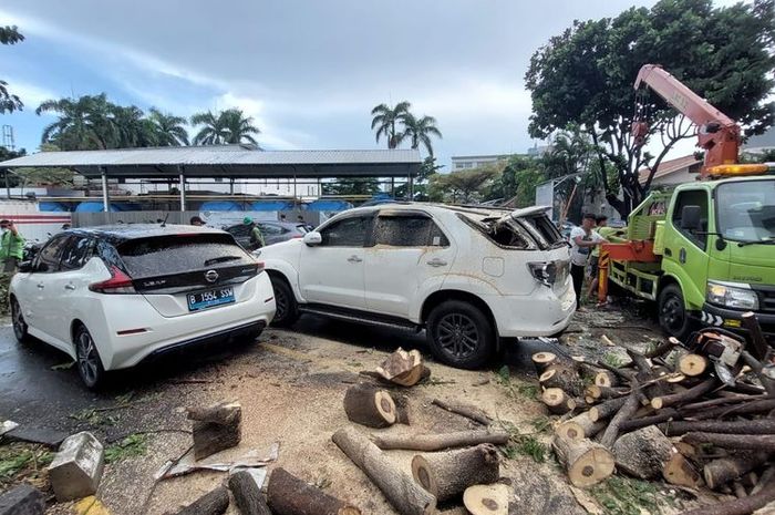 Sebuah pohon tumbang dan menimpa dua mobil di halaman RS Pelni, Palmerah, Jakarta Barat, pada Kamis (23/12/2021)