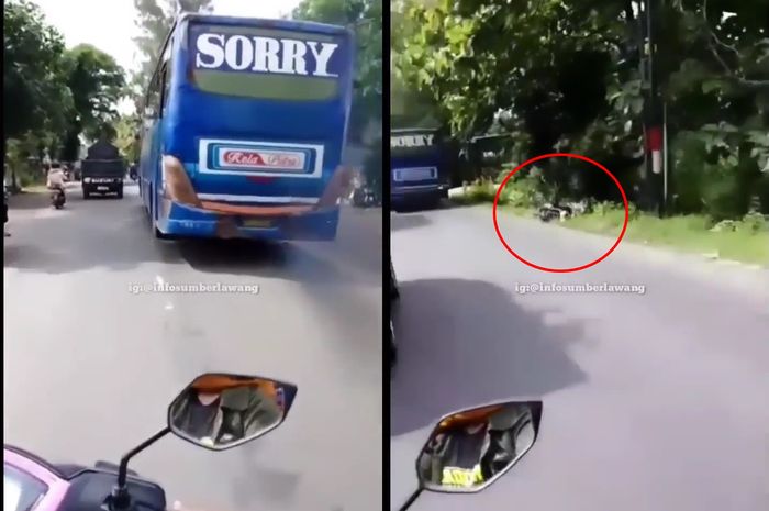 Cuplikan bus ngeblong sampai bikin pengendara motor jatuh.