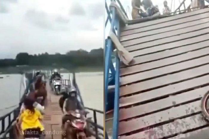 Detik-detik jembatan putus terekam kamera, pemotor teriak histeris saat jatuh ke sungai