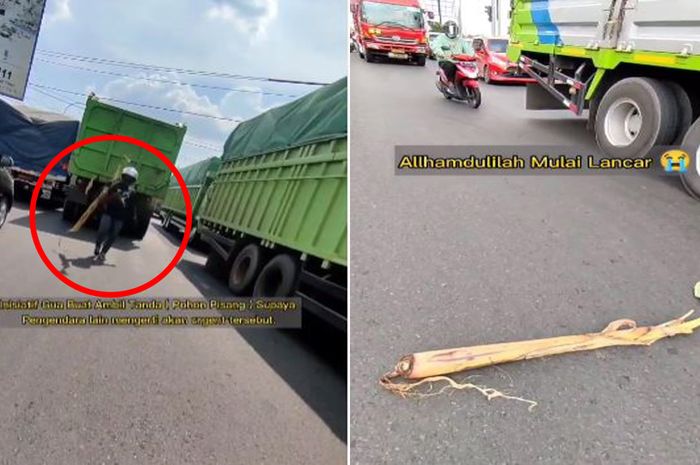 Taruh batang pisang di tengah jalan, bikers ini banjir pujian, sopir truk tersenyum riang