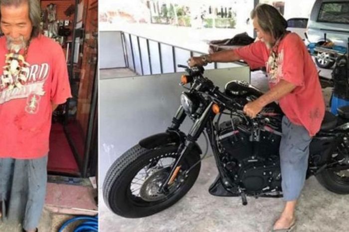 sosok seorang pria tua di Thailand yang memberli Harley-Davidson Sportster pakai uang tunai tapi dicuekin sales