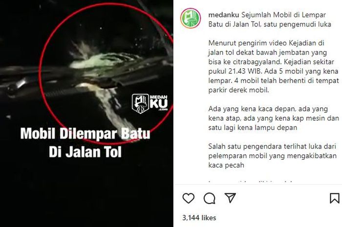 tangkap layar video yang memperlihatkan kerusakan mobil korban aksi lempar batu di Tol Medan