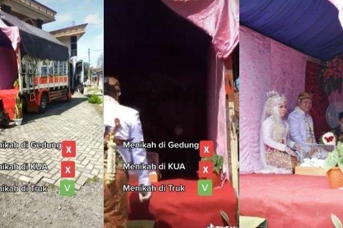 Tangkapan layar pernikahan unik di Magelang, di mana sepasang mempelai melakukan ijab kabul di bak truk yang sudah dihias layaknya tempat pernikahan 