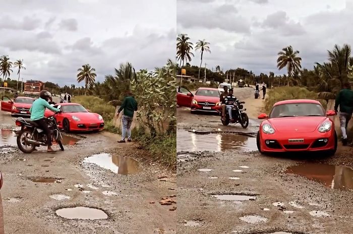 Cuplikan video Porsche Cayman lagi berusaha lewati kubangan besar di jalanan India.