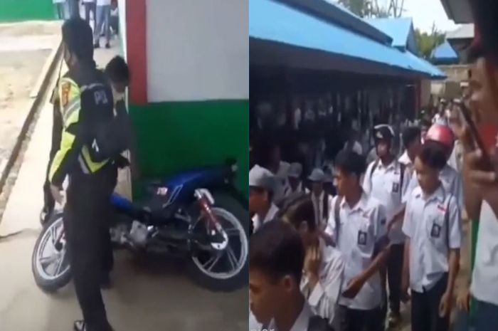 Disoraki ratusan pelajar, video dua polisi angkut motor siswa dari sekolah bikin heboh netizen, begini fakta kejadiannya