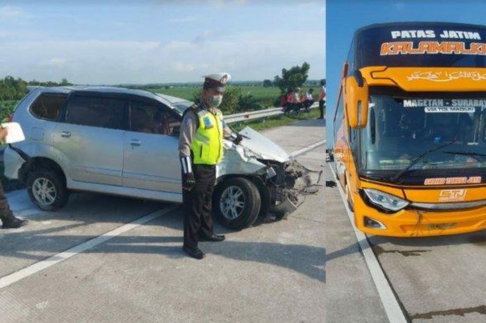 Kecelakaan Bus STJ Kalamalka disabet Daihatsu Xenia di ruas tol Jombang-Mojokerto