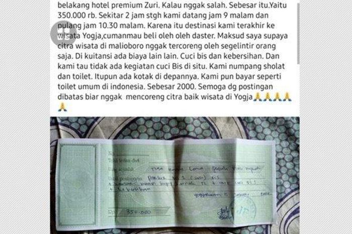 Unggahan yang menyebut tarif parkir bus dekat Malioboro, Yogyakarta Rp 350 ribu