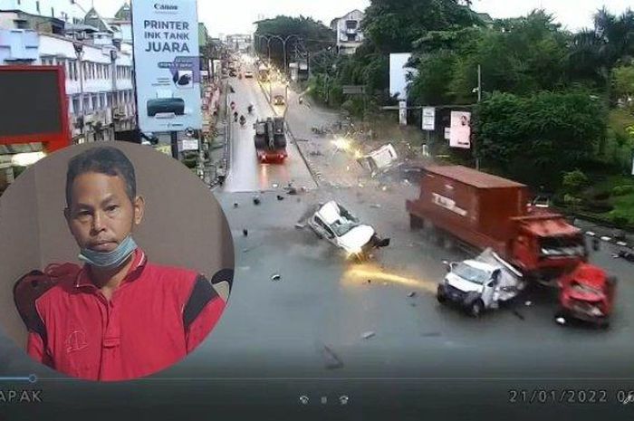 Detik-detik kecelakaan di Simpang Rapak, Balikpapan hari ini, Kamis 21 Januari 2022. Inzet: Sopir truk tronton. Berikut ini pengakuan sopir truk tronton, mulai dari awal mula kecelakaan maut di Balikpapan tabrak 6 mobil dan 14 motor 