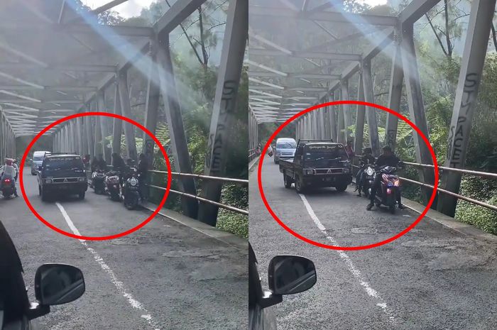 Cuplikan penumpang Mitsubishi L300 yang meneriaki pengendaa Honda Vario hingga Scoopy yang parkir di Jembatan Cangar.