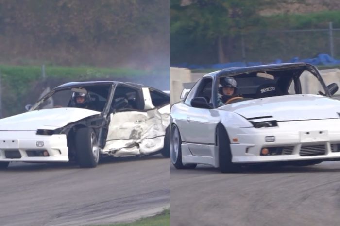 Nissan 240SX yang drifting dengan kondisi babak belur.