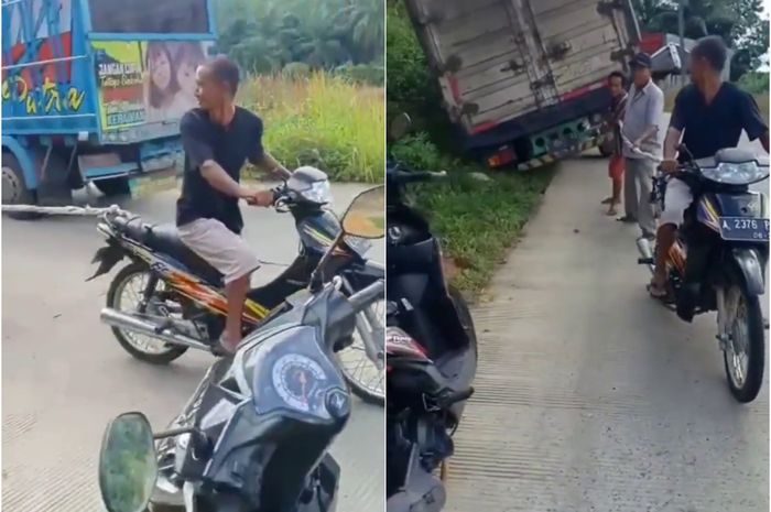 Cuplikan video Honda Supra Fit dijajal narik truk nyungsep.