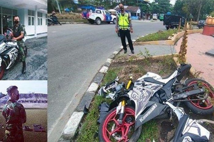 Kondisi Kawasaki Ninja 250 Fi yang digunakan anggota TNI AU, Serda Yudis Andika Damanik tabrak tugu Songket Pekanbaru, Riau
