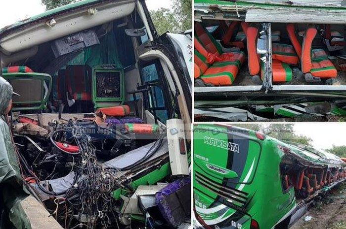 Kondisi bus Pariwisata rombongan dari Solo yang mengalami kecelakaan di Jalan Imogori, Kedungguweng, Wukirsasi, Bantul, Minggu (6/2/2022). 