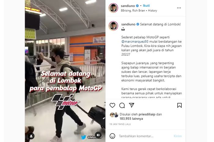 Unggahan Menteri Pariwisata dan Ekonomi Kreatif (Parekraf), Sandiaga Uno tentang kedatangan pembalap MotoGP panen cibiran warganet