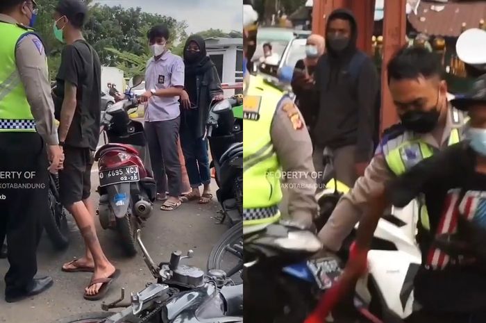 Pemotor ngamuk rusak motornya sendiri saat ditilang petugas polisi.