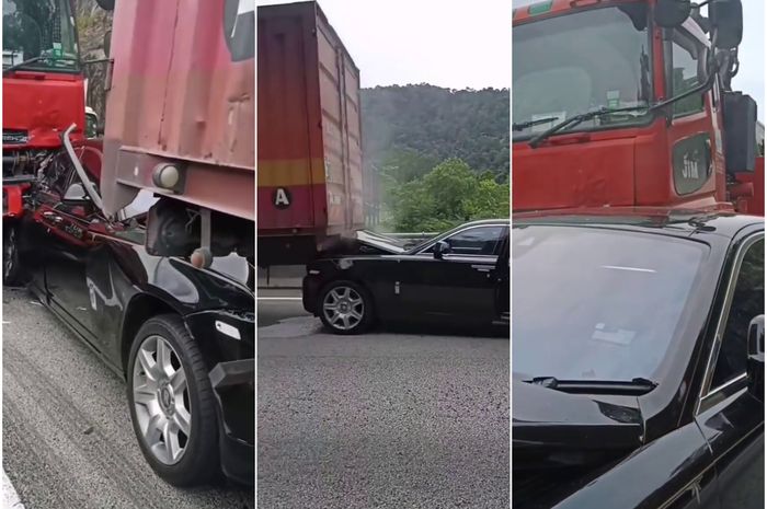 Waduh, Rolls-Royce Ghost berakhir dijepit dua truk tuh.
