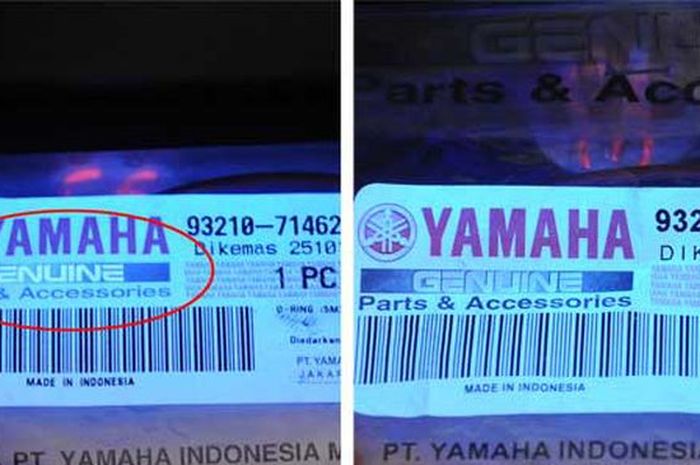 Label produk suku cadang Yamaha asli (kiri) dan palsu (kanan) 