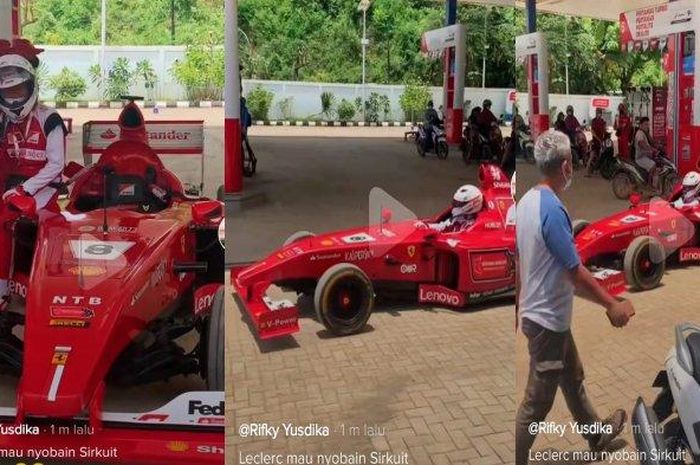 Replika mobil F1 isi bensin di pom bensin sebelum menuju sirkuit Mandalika