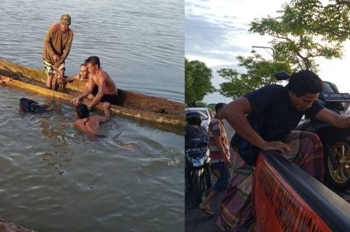 Proses evakuasi Honda PCX 150 yang tercebur ke tambak di Pamekasan, Madura, Jawa Timur