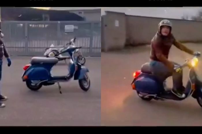 Seorang bule memberikan tutorial cara mengengkol Vespa lawas dengan cara yang nyeleneh nih.