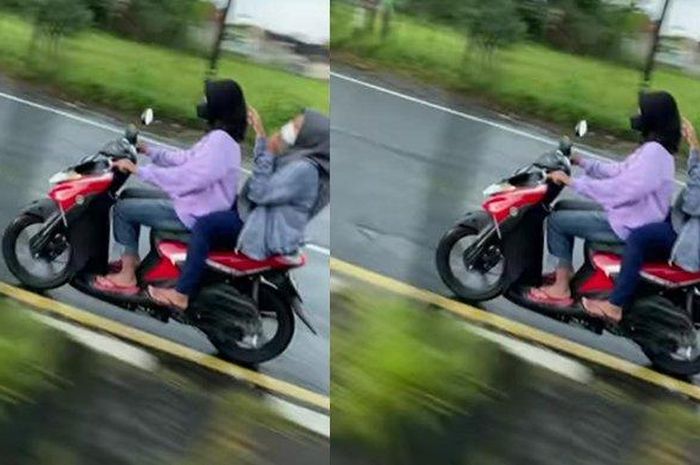 Dua ABG bawa Honda Gear 125 lawan arus di jalan Solo-Jogja