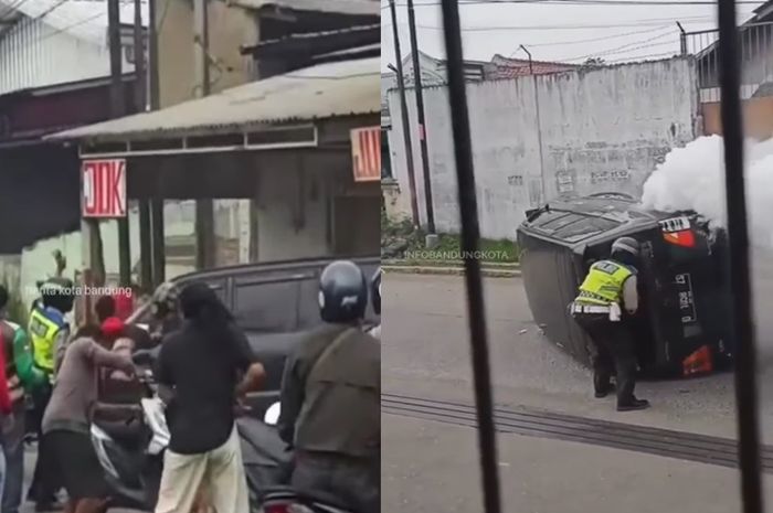 Mobil Toyota Kijang diamuk massa lantaran ugal-ugalan dan tabrak 30 motor di Margaasih, Bandung.