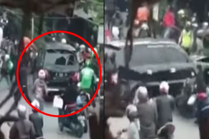 tangkap layar kejadian Kijang Kapsul ugal-ugalan tabrak 30 motor dan kendaraan polisi, mobil pelaku langsung diamuk massa