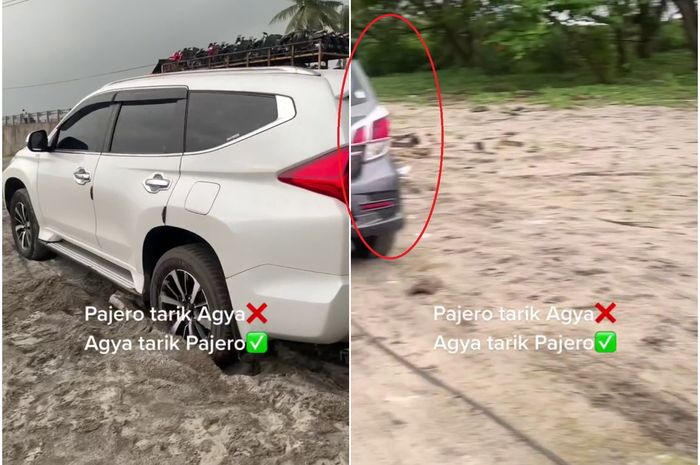 Viral video Mitsubishi Pajero Sport nyangkut dipasir ditarik sama Toyota Agya.