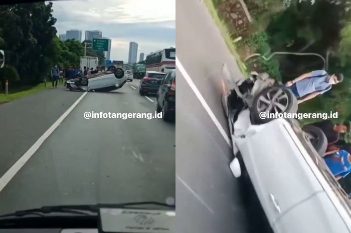 Kondisi Toyota Yaris yang kecelakaan di tol Jakarta-Tangerang KM 20 dekat pintu tol Karawaci, Selasa (08/03/2022).