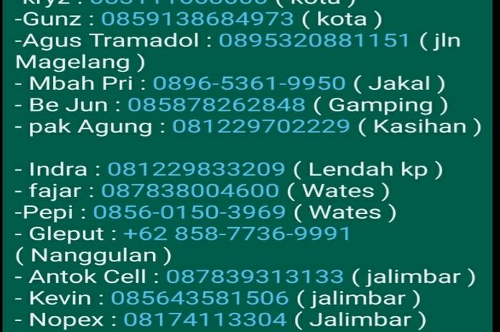 Daftar nomor telepon relawan ACJJ di beberapa wilayah di Yogyakarta dan sekitarnya