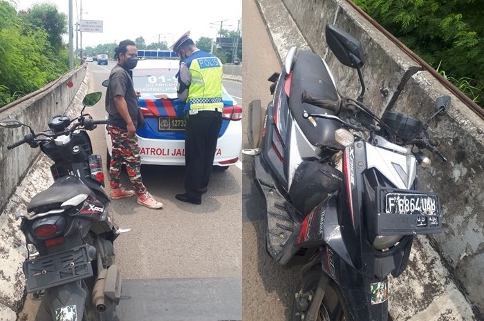 Pemotor Yamah X-Ride masuk tol Soediyatmo Jakarta ditilang polisi.