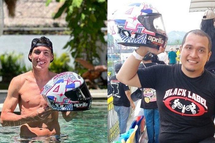 Foto (kanan) Vian, penonton MotoGP Indonesia 2022 yang mendapat helm balap KYT lemparan dari Aleix Espargaro