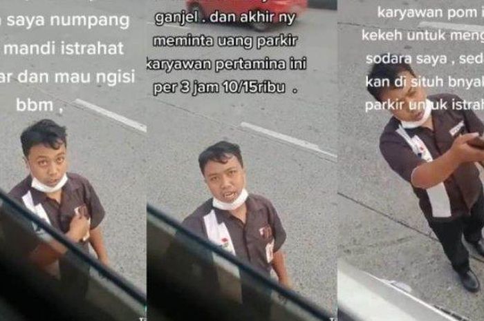 Oknum petugas SPBU Pertamina Lemah Abang, kabupaten Semarang, Jawa Tengah yang pungut parkir truk Rp 15 ribu