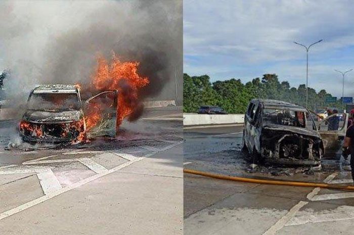 Kondisi Hyundai H-1 yang terbakar habis di KM 42 tol Jagorawi, tepatnya exit tol Bogor Selatan, kota Bogor, Jawa Barat