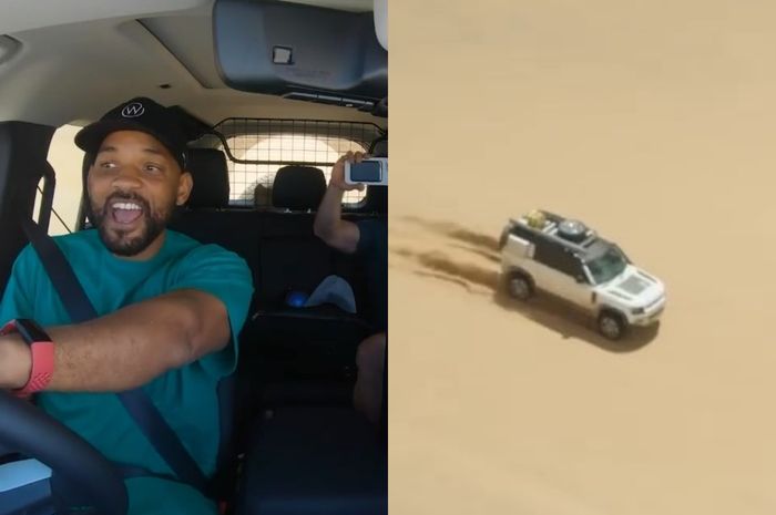 Will Smith saat mengemudikan Range Rover Defender 110 di tengah Gurun Namib.