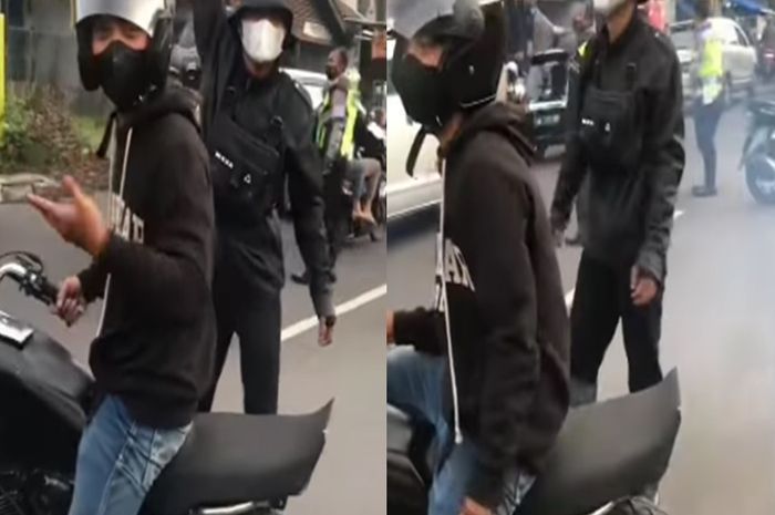 Kedua remaja geber knalpot motor Yamaha RX-King di depan Polisi yang sedang mengatur lalu lintas.