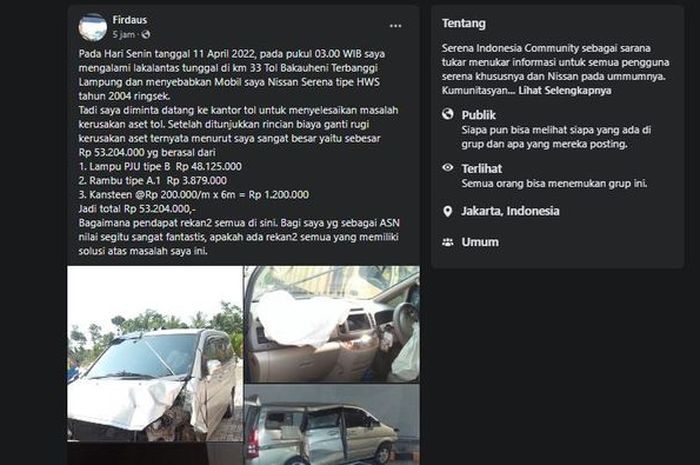 Tangkapan layar curhatan pemilik Nissan Serena yang mengalami kecelakaan tunggal di tol Bakauheni-Terbanggi Besar. 