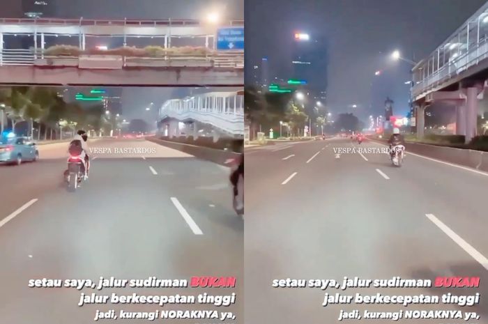 Tangkapan layar video Jalan Jenderal Sudirman dipakai kebut-kebutan sama beberapa pemotor.