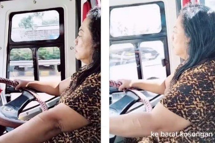 Aksi nyentrik emak-emak dasteran nyopir bus di jalan tol. 