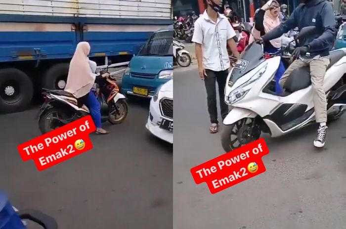 Emak-emak pemotor Honda BeAT bikin arus lalu lintas jadi tersendat gara-gara nekat lawan arus.