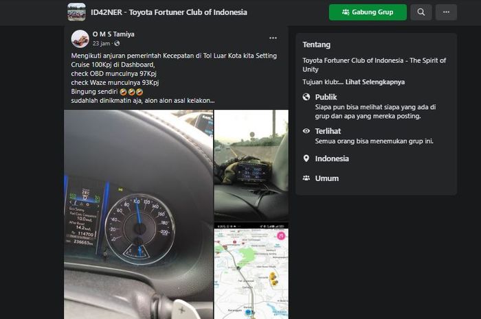 tangkap layar seorang pengemudi Toyota Fortuner yang kebingungan katena kecepatan speedometernya berbeda dengan yang ada di aplikasi. 