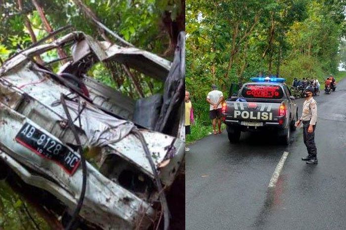 Kondisi Suzuki Carry pikap dengan nomor polisi AB 8128 HC yang terperosok ke jurang sedalam 50 meter usai terlibat laka lantas tunggal di kawasan tanjakan Bibis, Girimulyo, Kabupaten Kulon Progo (26/4/2022)