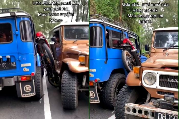 Bisa-bisanya Honda Tiger lawas ini berakhir tergencet dua Toyota Land Cruiser FJ40 di tengah jalan.