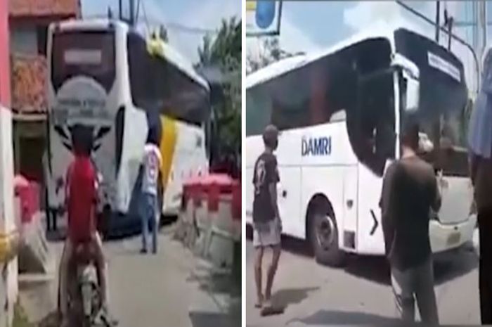 Tangkapan layar bus DAMRI yang nyasar ke jalan desa di Brebes, Jawa Tengah, pada Minggu (08/05/2022).