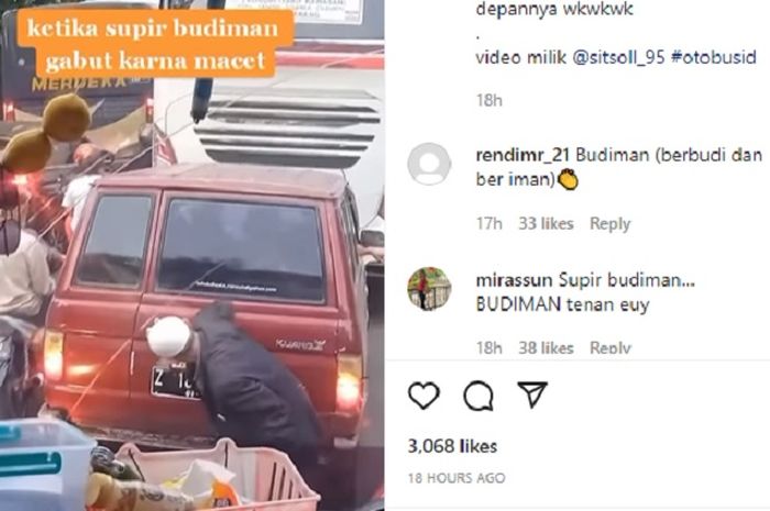 Sopir bus PO Budiman, cuci Toyota Kijang di depannya. (Tangkapan layar Instagram @otobusid) 