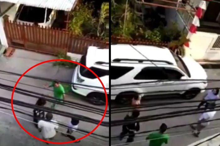tangkap layar video yang memperlihatkan seorang pria mengamuk lantaran tetangga memarkirkan Fortuner di pinggir jalan.
