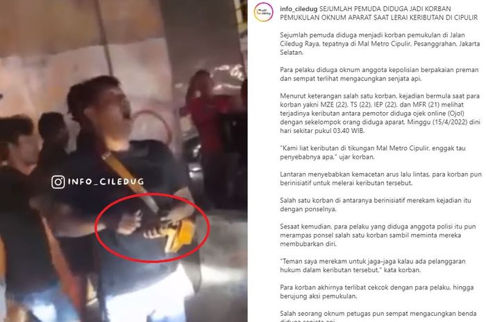 Dalam lingkaran merah, diduga pistol yang dikeluarkan anggota Polisi berpakaian preman saat terjadi keributan karena kemacetan lalu lintas di Jl Ciledug Raya, Pesanggrahan, Jakarta Selatan