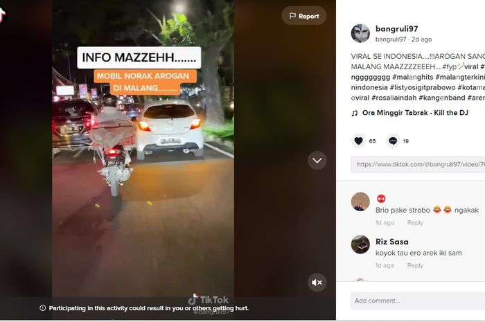 Tangkapan layar video pengemudi Honda Brio yang arogan di jalanan Kota Malang.