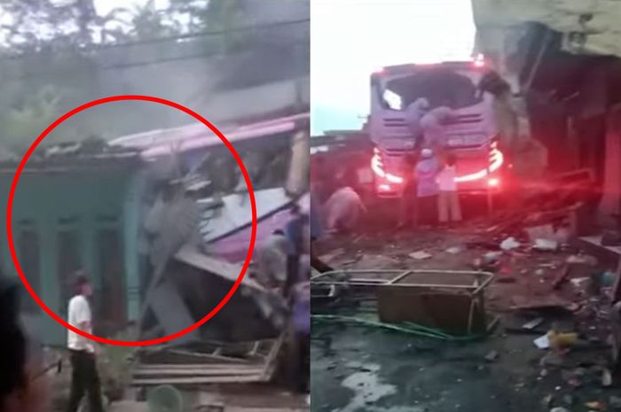 kondisi bus yang ditumpangi rombongan peziarah usai mengalami kecelakaan di turunan Tanjakan Pari, Panjalu, Ciamis, Sabtu (21/5/2022).